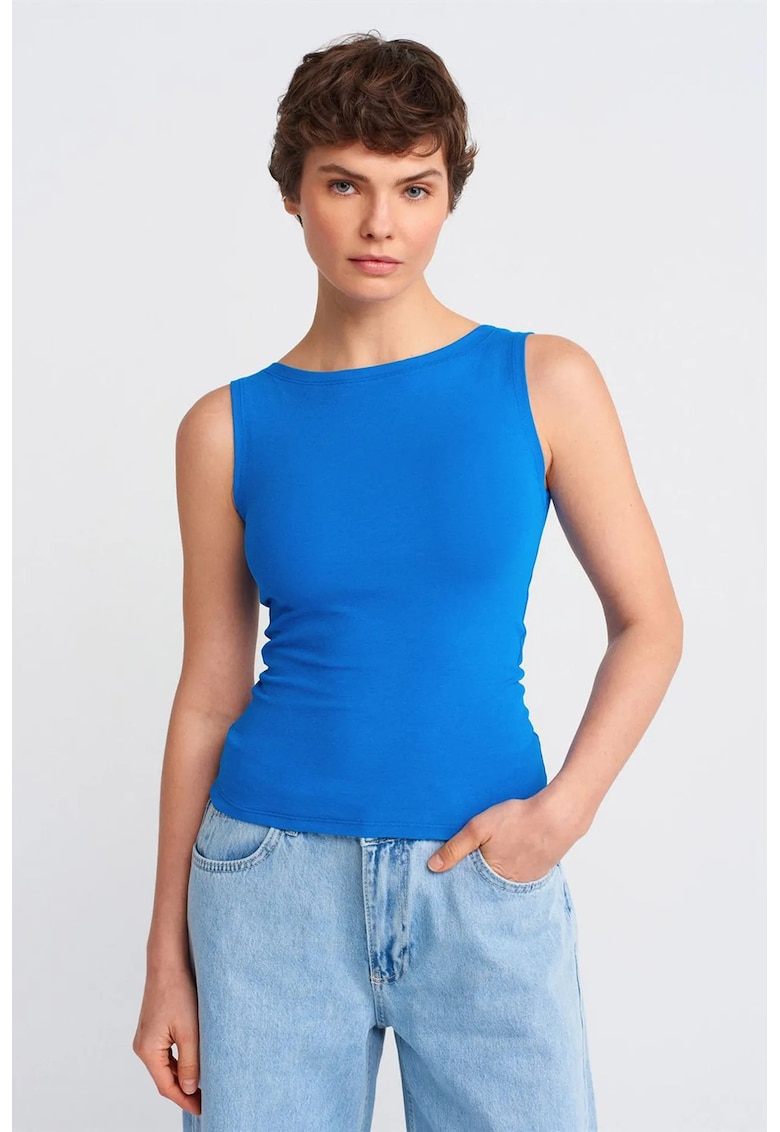 Bluza dama - fara maneci - slim-fit - albastru cobalt - bumbac-elastan
