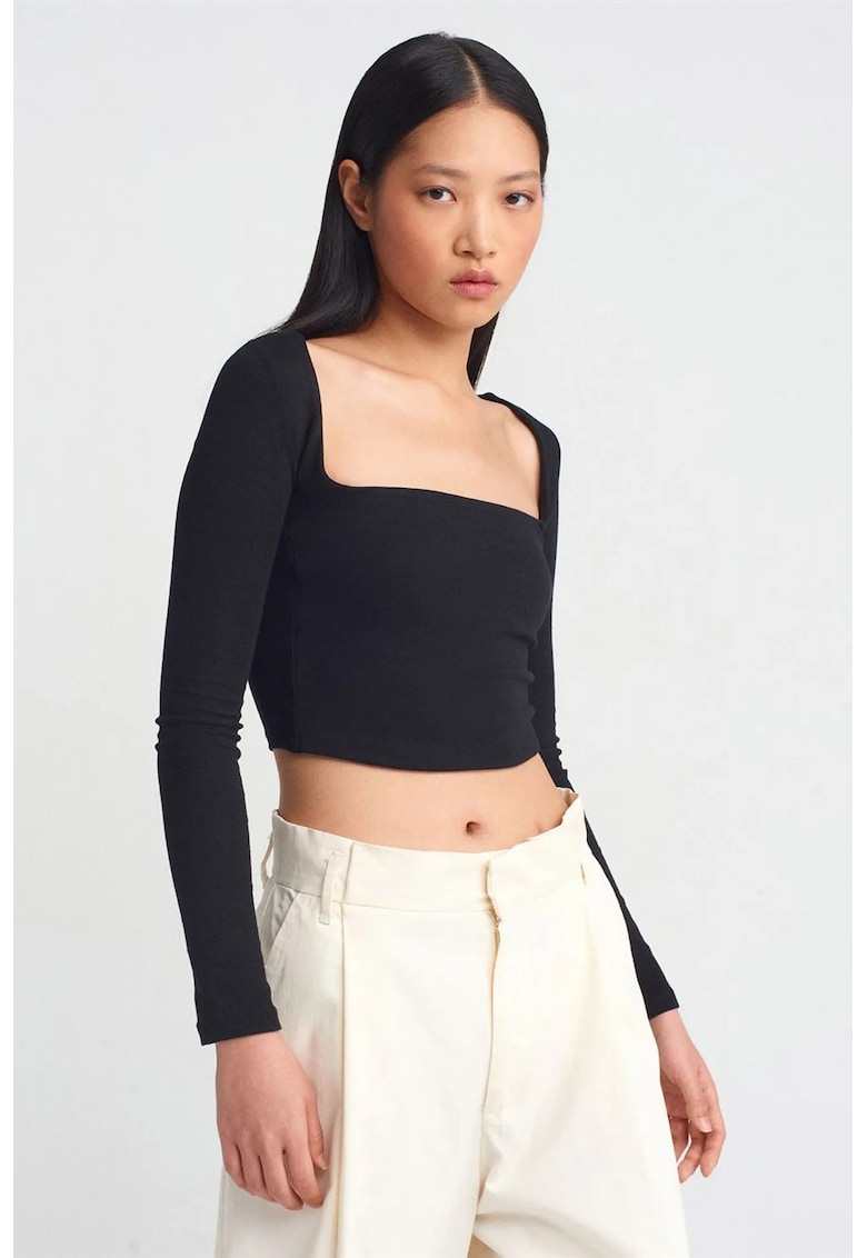 Bluza dama - scurta - maneci lungi - decupaje - negru - amestec bumbac-modal-elastan