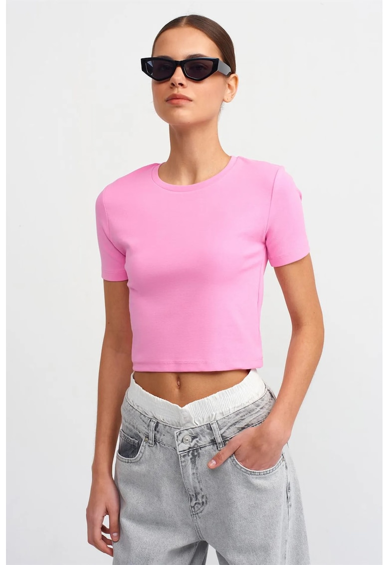 Tricou dama - slim fit - roz aprins - bumbac cu elastan