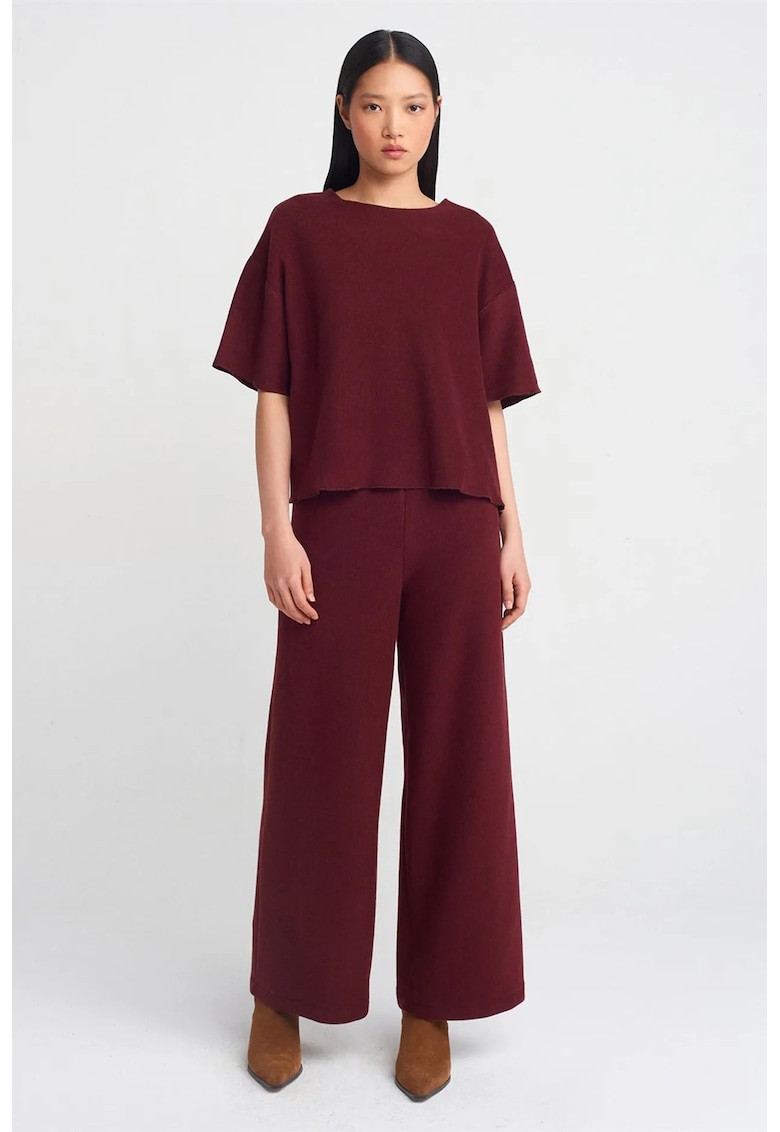 Pantaloni dama - tricotati - talie inalta - picior larg - rosu burgund - poliester-bumbac