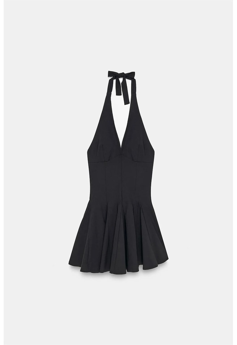 Rochie mini skater eleganta - neagra - cu guler halter - detalii cu snur - 70% viscoza