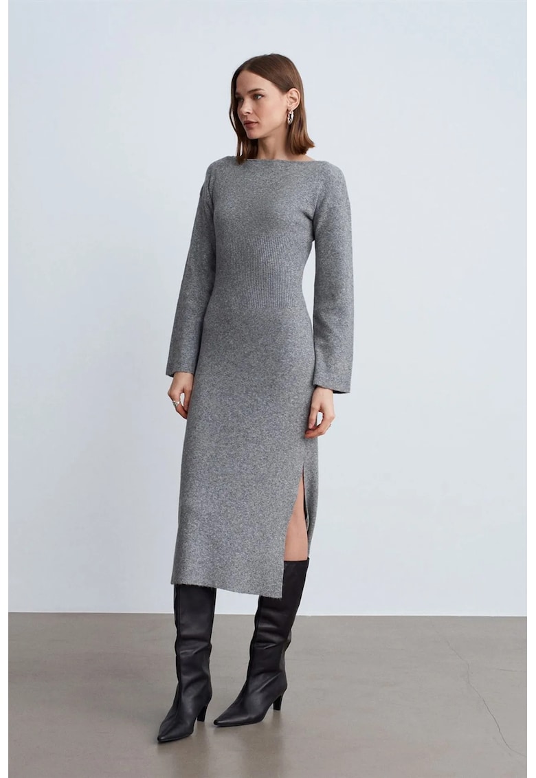 Rochie Midi - Bodycon - Gri - Casual - Maneca Lunga - Cu Slit -