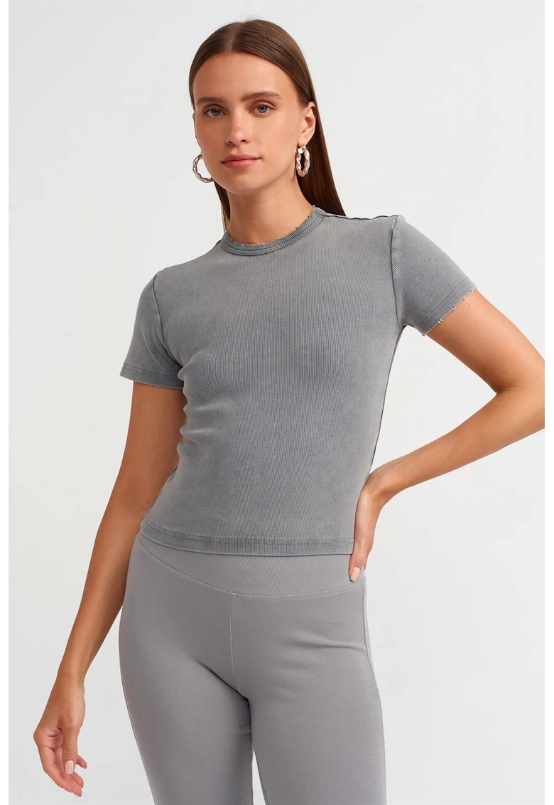 Tricouri dama - Crop Slim Fit - Gri inchis - Efect spalat - Bumbac elastan