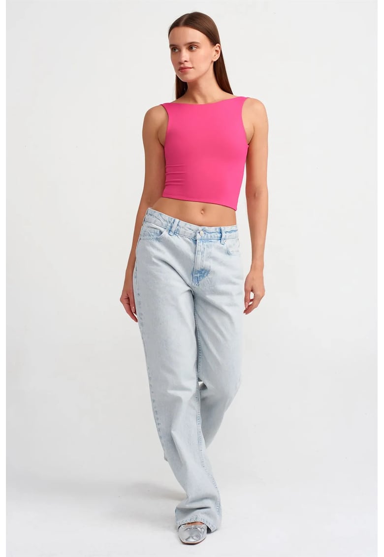 Bluza crop fara maneci - decupaj - roz aprins - nailon si elastan -