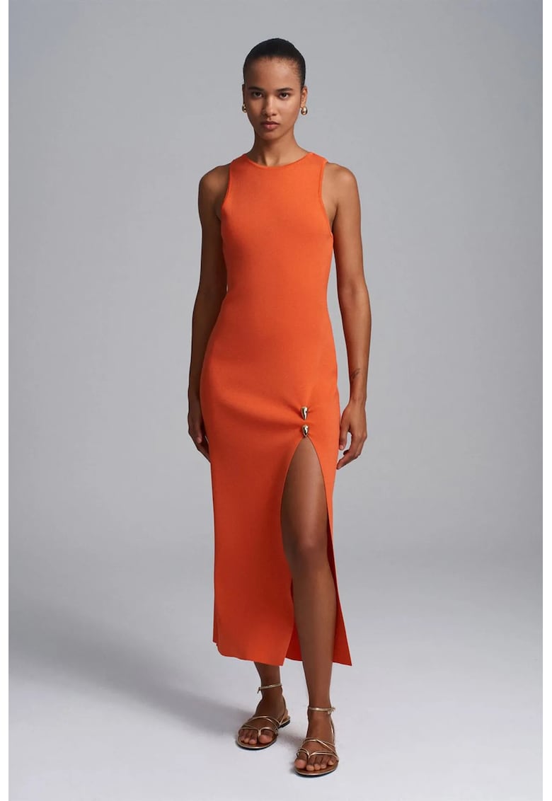 Rochie Midi - Bodycon - Portocaliu Stralucitor - Fara Maneci - One Size
