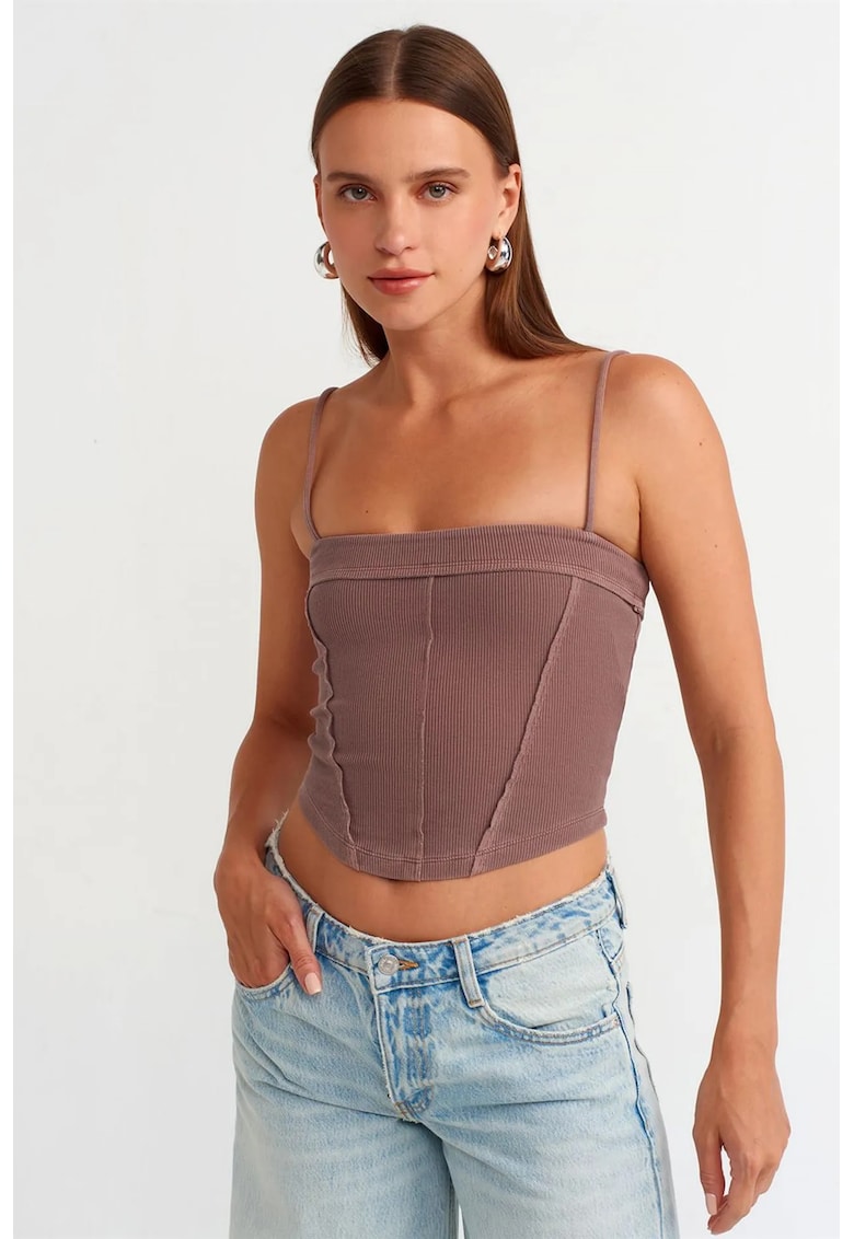 Bluza crop - cu decolteu patrat - elasticitate moderata - mov - bumbac cu elastan