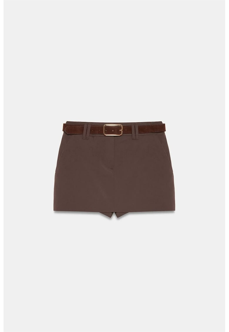 Fusta mini - A-Line - cu talie inalta si curea - maro cafea - casual