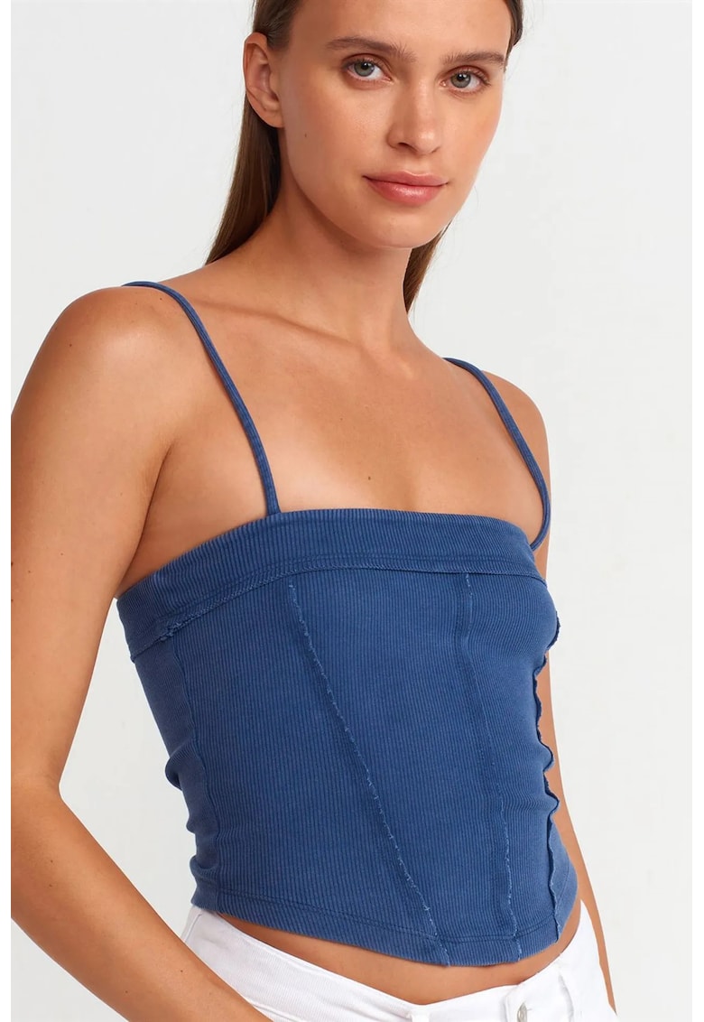 Bluza crop - decolteu patrat - fara maneci - albastru - bumbac cu elastan