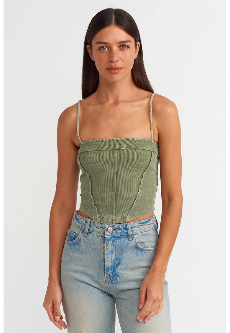 Bluza crop - decolteu patrat - elasticitate moderata - verde salvie - bumbac cu elastan