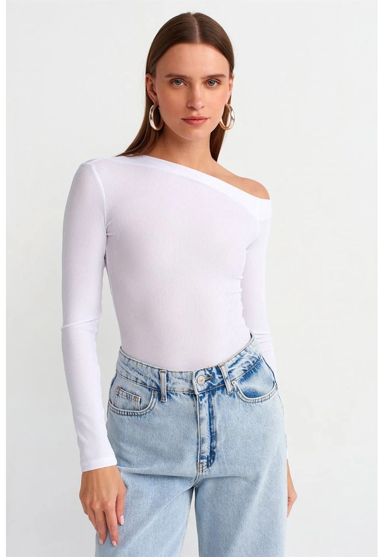 Bluza dama - Bluza Slim Fit cu Decupaj Asimetric - Alb - Poliester-Elastan