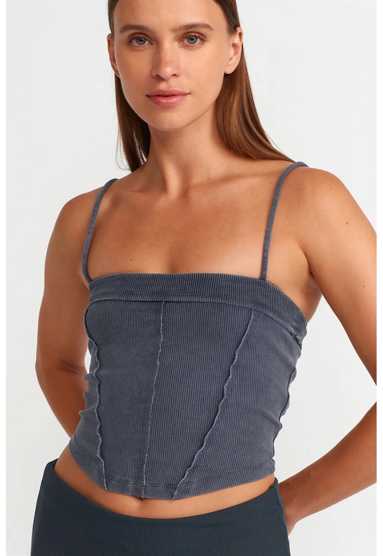 Bluza crop - guler patrat - elasticitate moderata - gri antracit - bumbac cu elastan