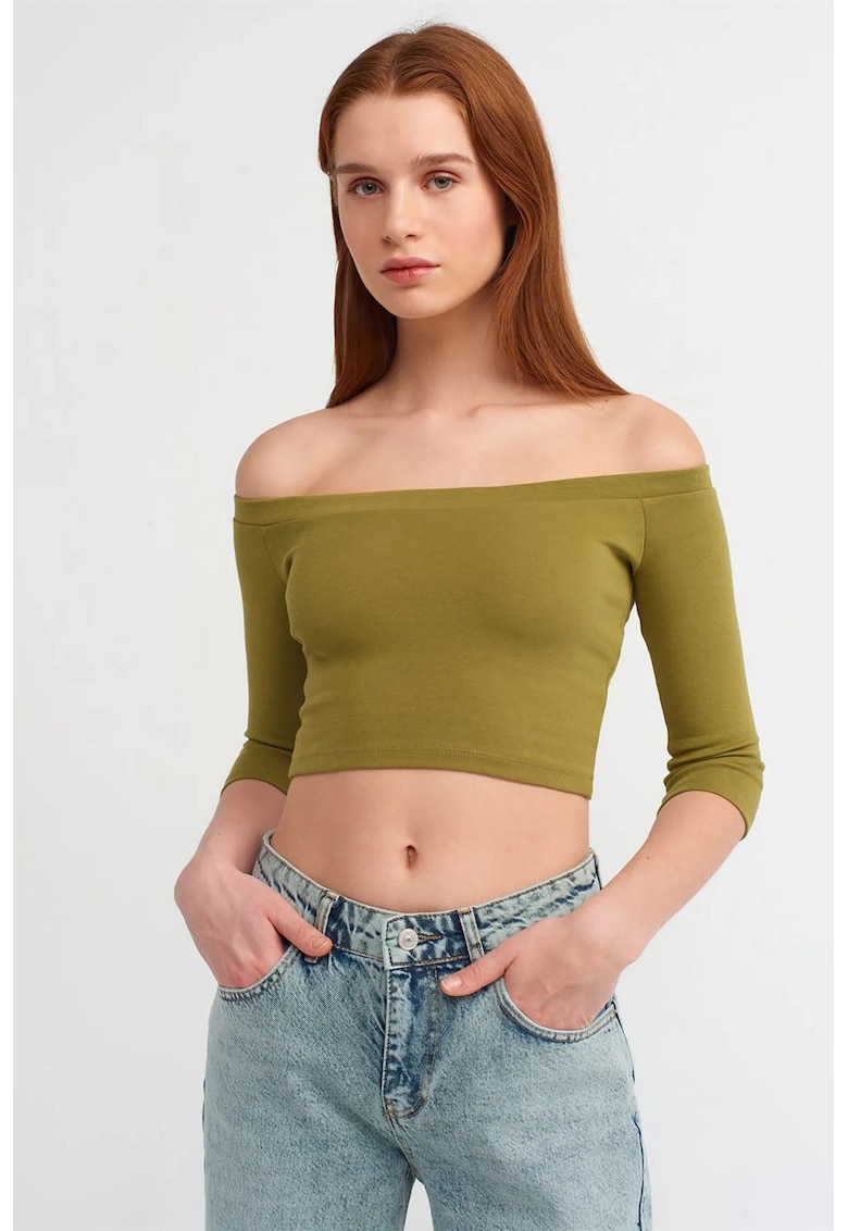 Bluza crop - umeri goi - elasticitate - verde - bumbac cu elastan