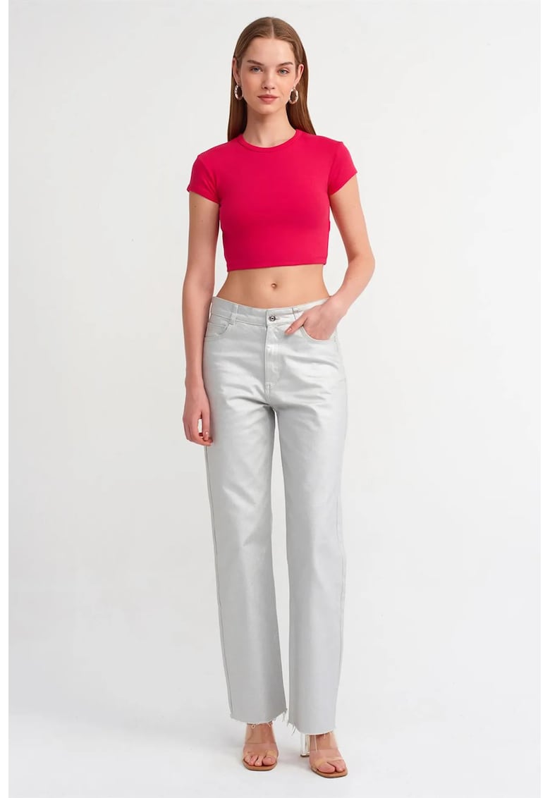 Tricou dama - Tricou Crop Slim-Fit - roz aprins - elastic - 95% bumbac