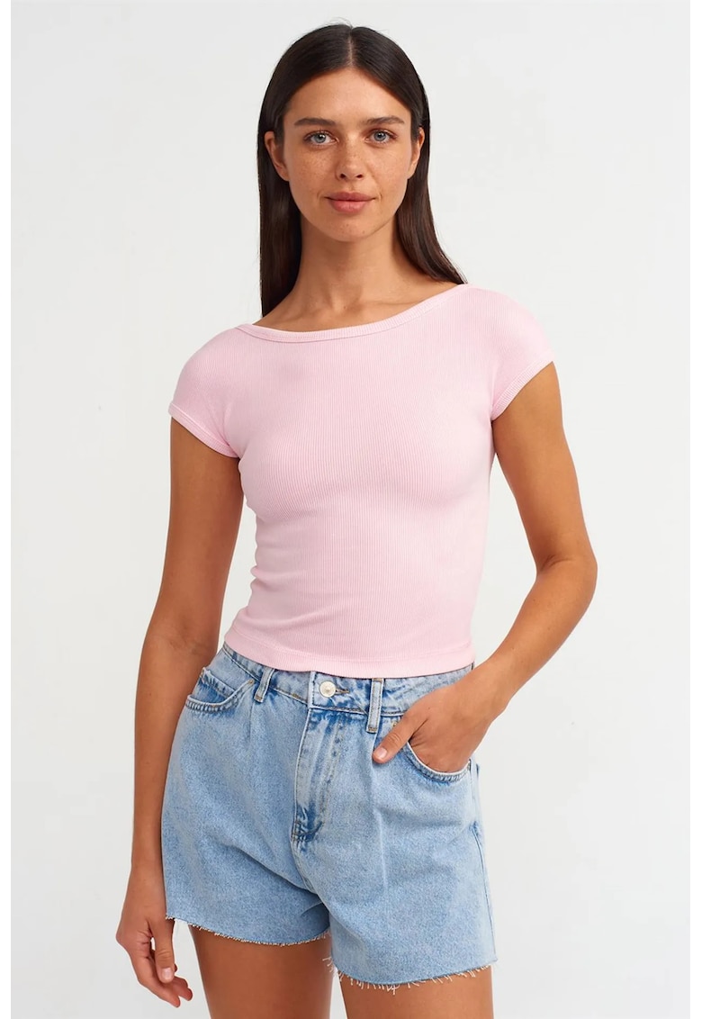 Tricou dama - tricou crop - decolteu patrat - roz pudra - bumbac-elastan