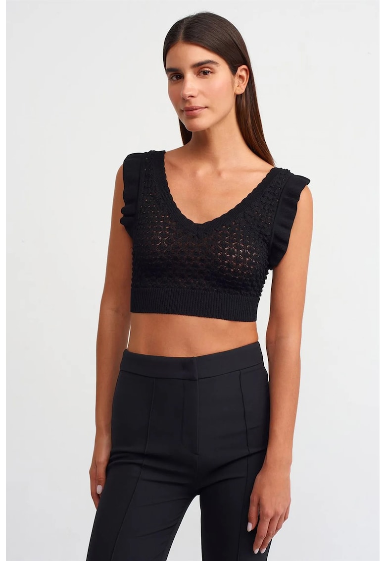 Bluza dama - crop - volanase - negru - viscoza si poliamida -