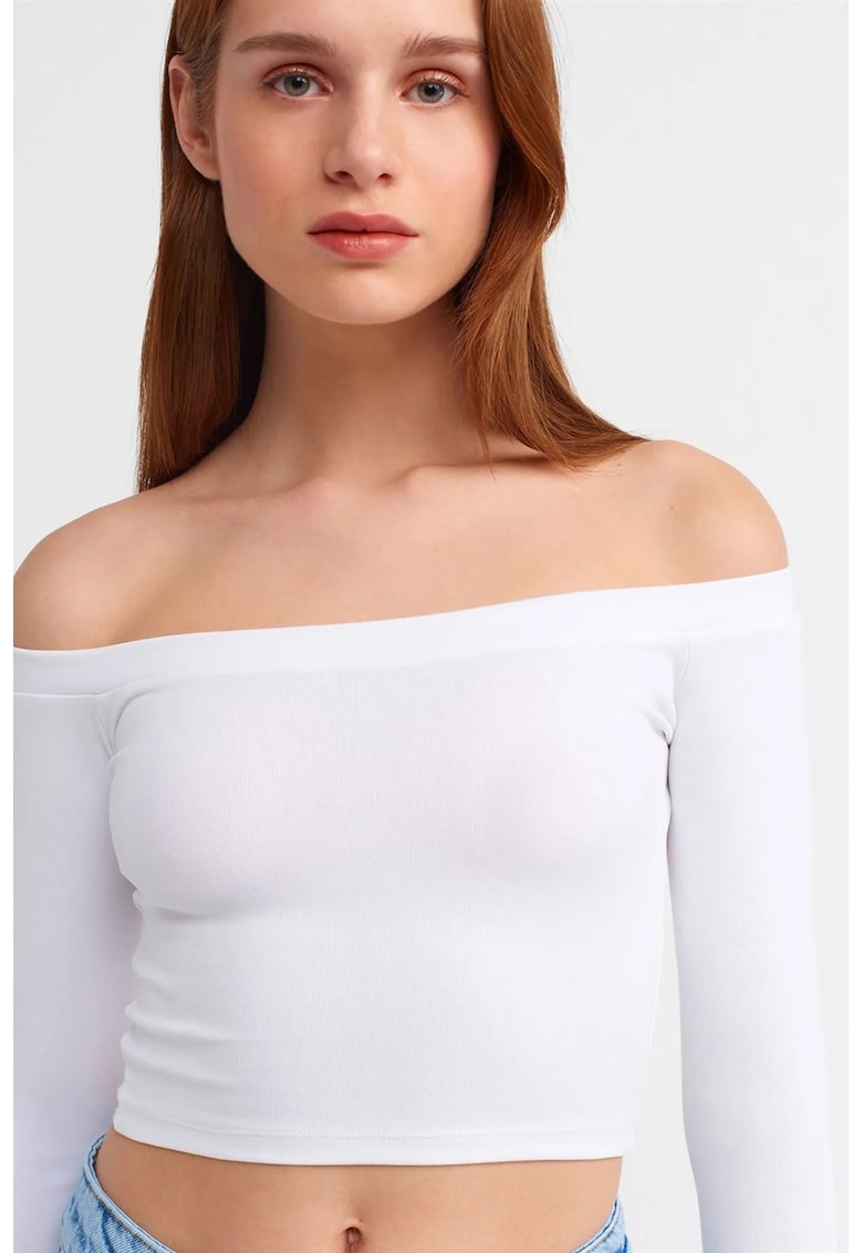 Bluza crop dama alb - bumbac cu elastan - decolteu off-shoulder - maneci trei sferturi -