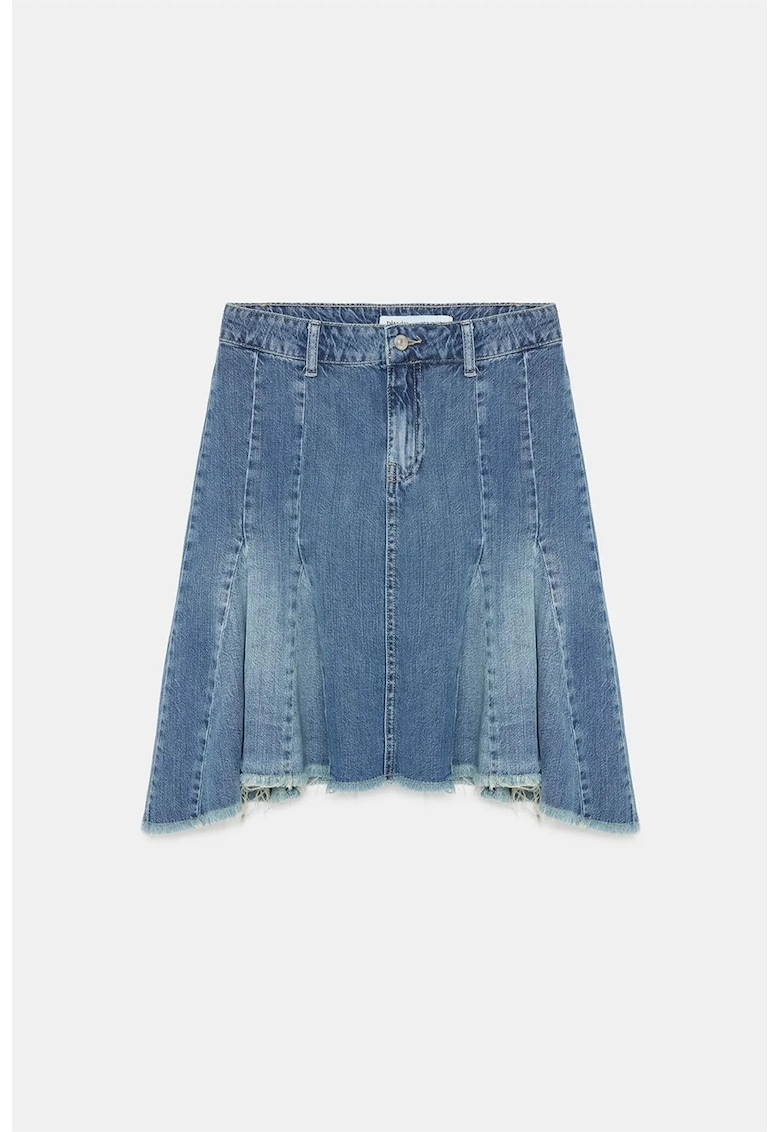 Fusta Midi A-Line din Denim - Albastru Mediu - Casual - cu Talie Inalta