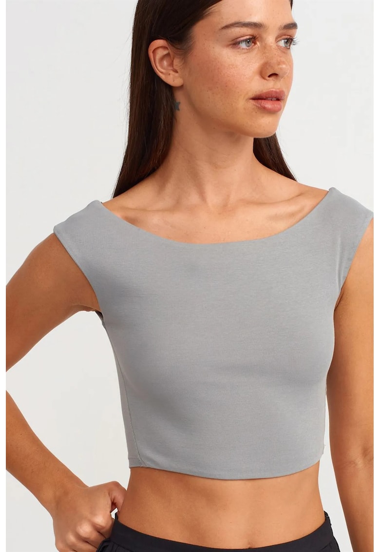 Tricou dama - tricou fara maneci crop - gri deschis - bumbac