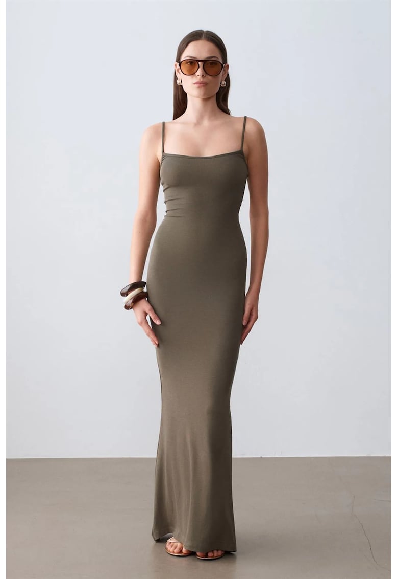 Rochie Maxi Bodycon Casual - Verde Kaki - Cu nervuri - 91% modal/9% elastan