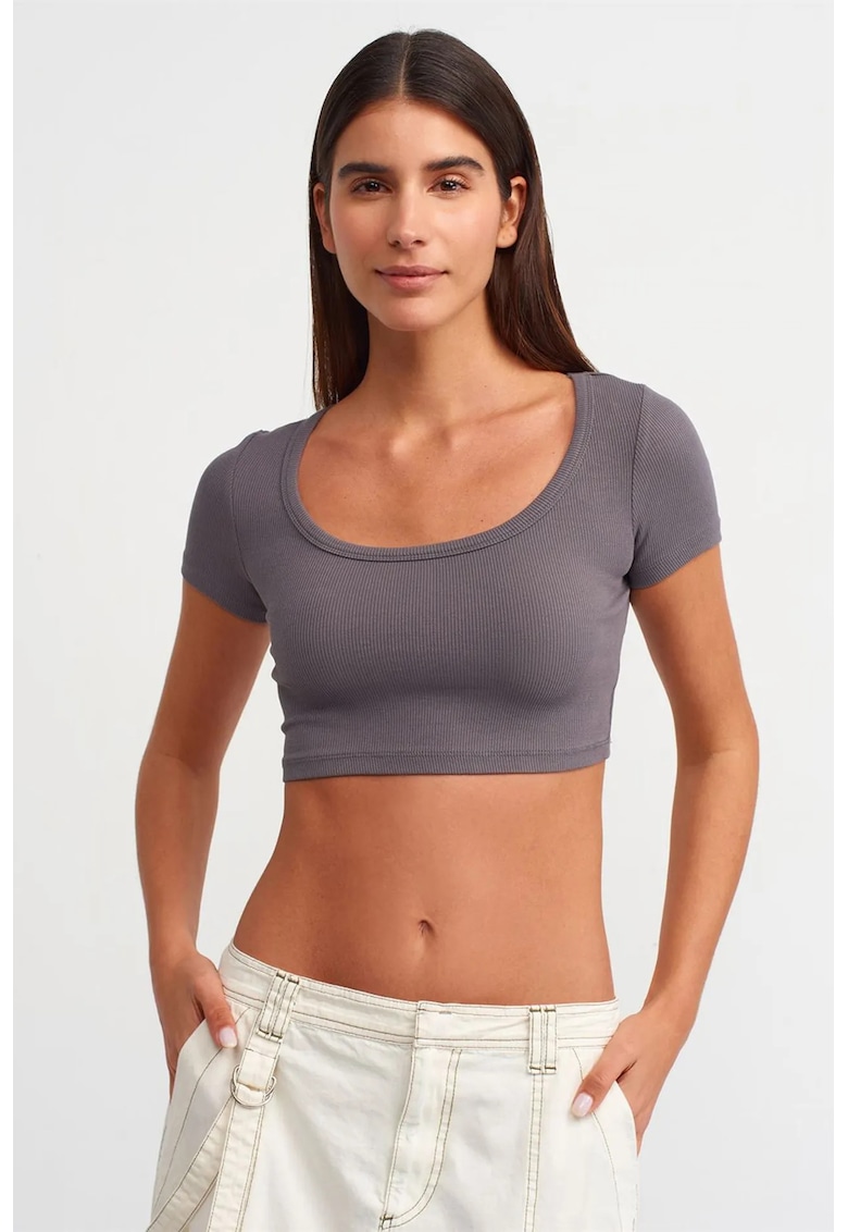 Tricou dama - tricou scurt - slim fit - gri ardezie - bumbac elastan