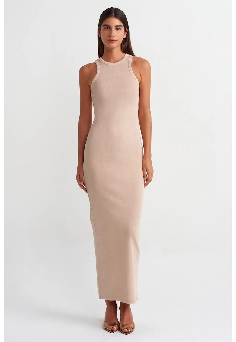 Rochie Maxi Bodycon Casual - Bej Natural - Cu nervuri - Bumbac/Elastan
