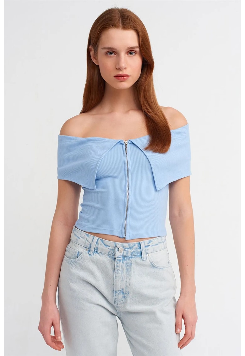 Tricou dama crop - umeri goi - albastru deschis - bumbac-elastan