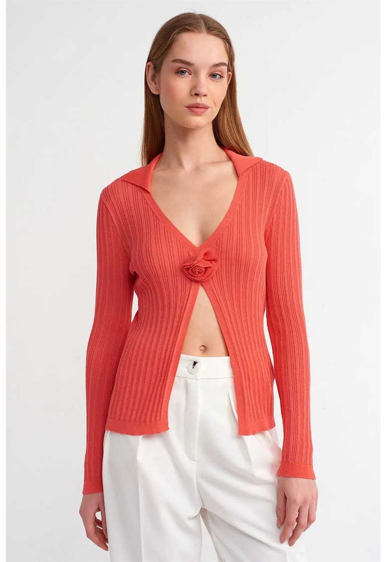 Bluza dama - polo tricotata - slim-fit - detalii florale - rosu - viscoza si poliamida -