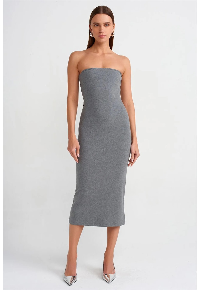 Rochie Midi Bodycon - Gri - Elegant - 94% bumbac - Fara bretele