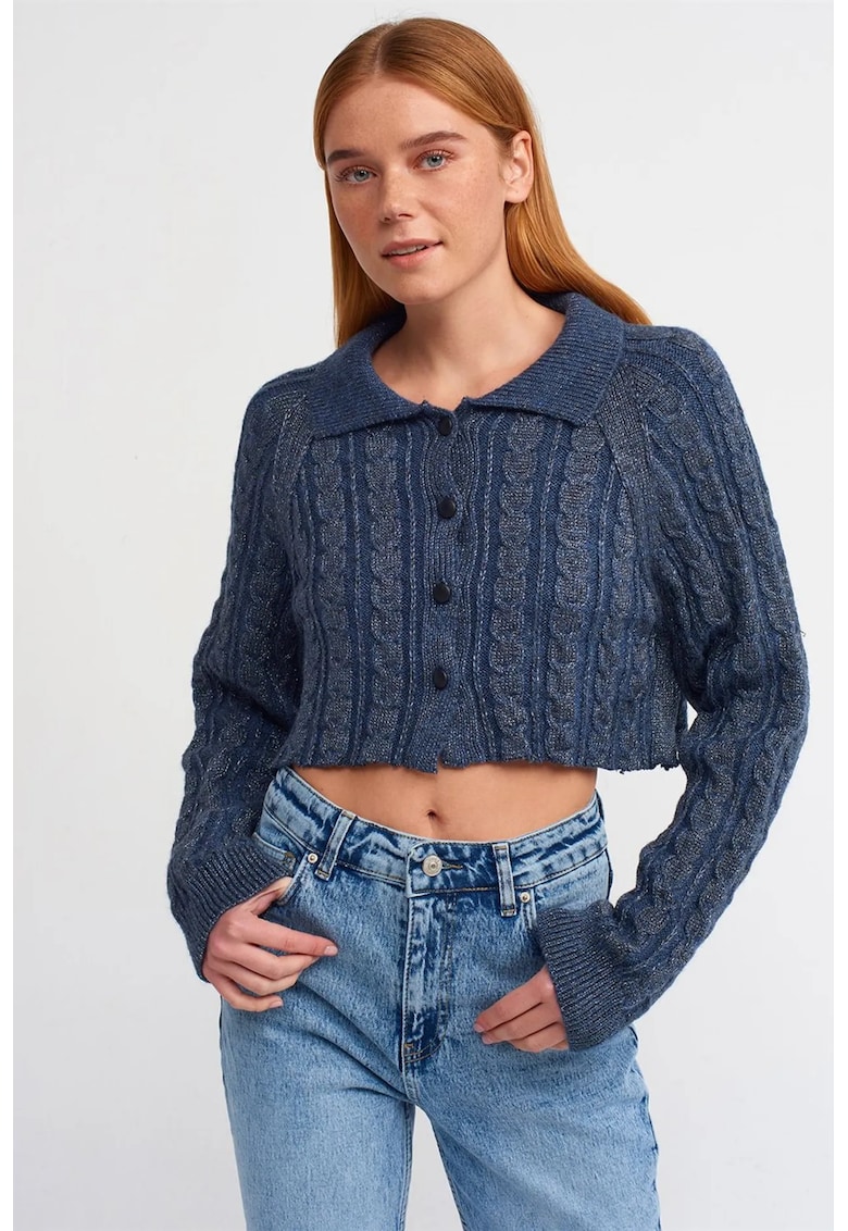 Cardigan Crop cu nasturi - albastru marin - tricot cablat - maneci lungi - set pentru femei -