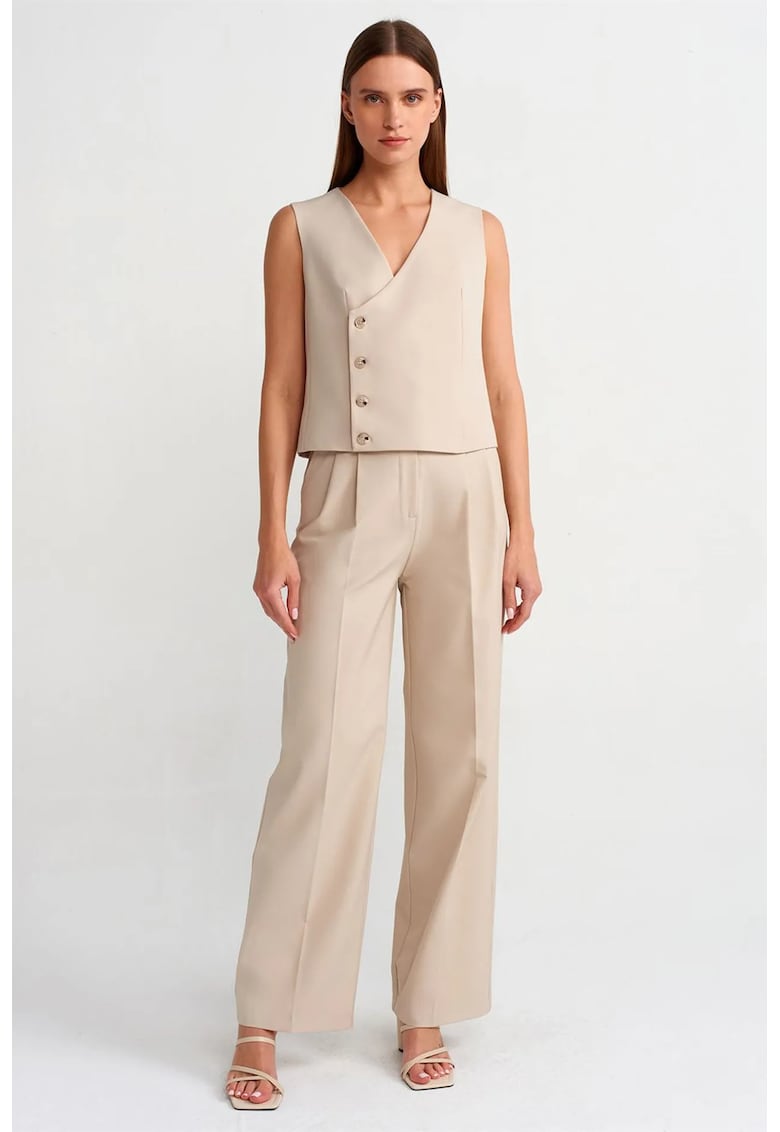 Pantaloni dama - talie inalta - croiala larga - crep - Bej Natural