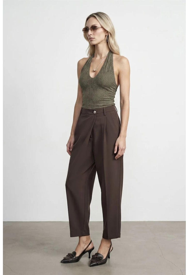 Pantaloni dama - talie inalta - picior larg - maro cafea - crep