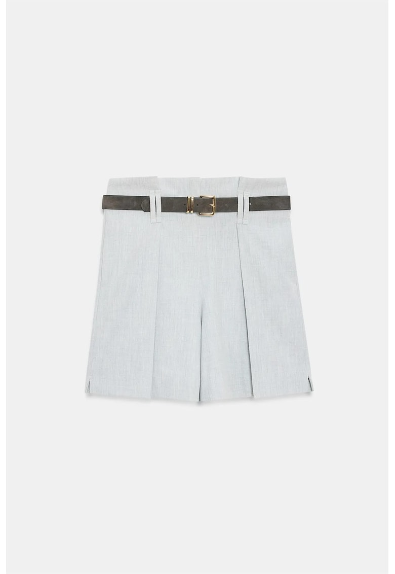 Pantaloni scurti - talie inalta - cu curea - gri deschis - poliester-viscoza-elastan -