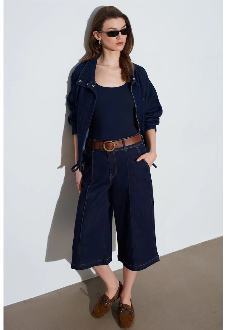 Pantaloni scurti - denim - talie inalta - croiala larga - albastru inchis - bumbac cu elastan