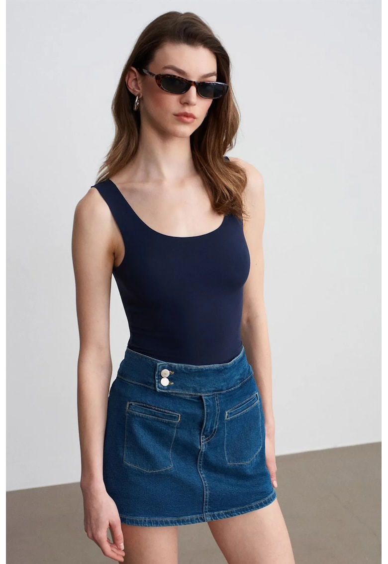 Fusta mini - dreapta - talie inalta - bumbac/elastan - denim albastru mediu