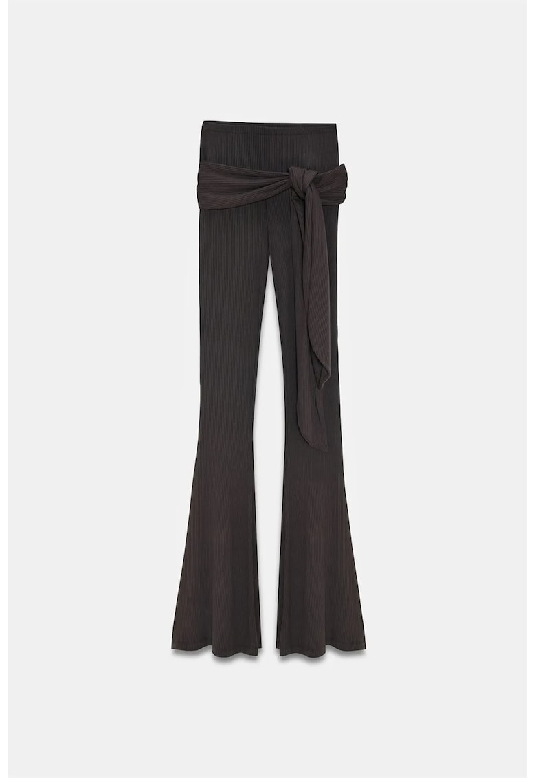 Pantaloni dama - Flare - talie inalta - detaliu cu snur - maro mocha inchis - jerseu