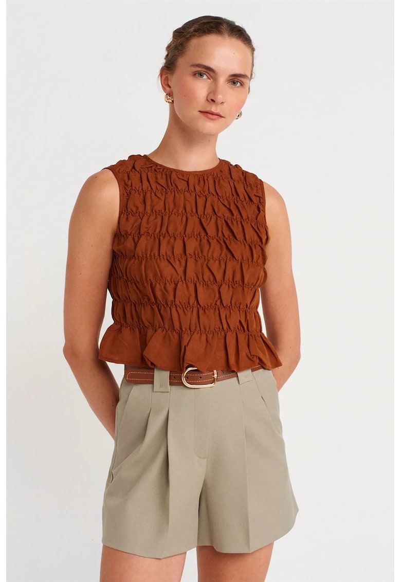 Pantaloni scurti - talie inalta - cu curea - Bej Natural - bumbac - poliester - elastan