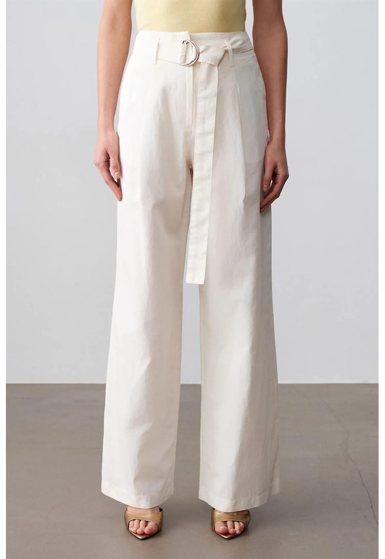 Pantaloni dama - talie inalta - croiala larga - alb prafuit - amestec de in