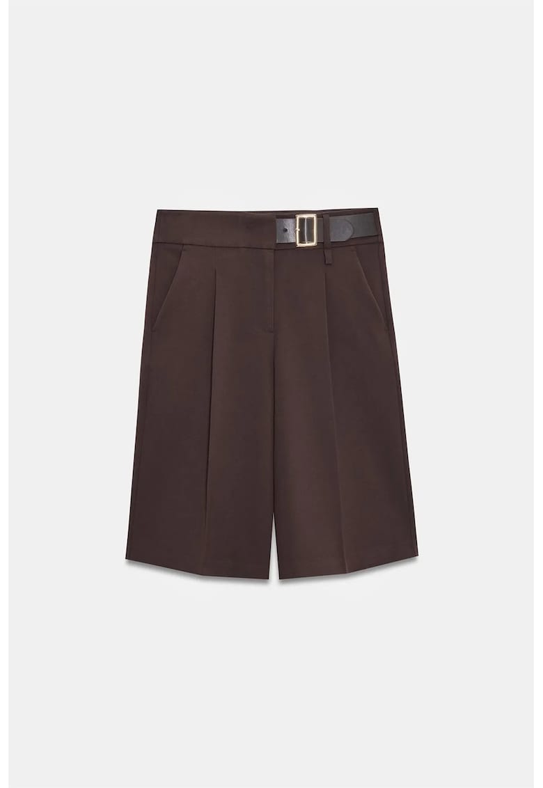 Pantaloni scurti - talie inalta - picior larg - cu curea - maro cafea - poliester-viscoza-elastan