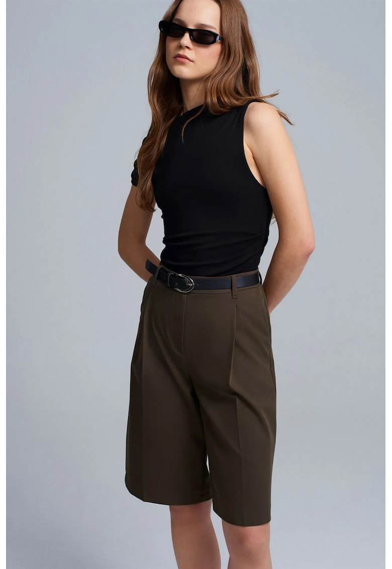 Pantaloni scurti - talie inalta - picior larg - verde masliniu - poliester - viscoza - elastan