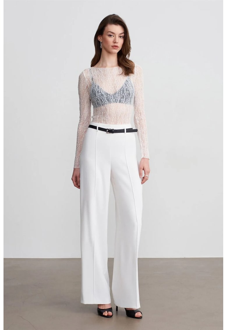 Pantaloni dama - Crepe cu talie inalta si curea - Alb prafuit - 100% poliester
