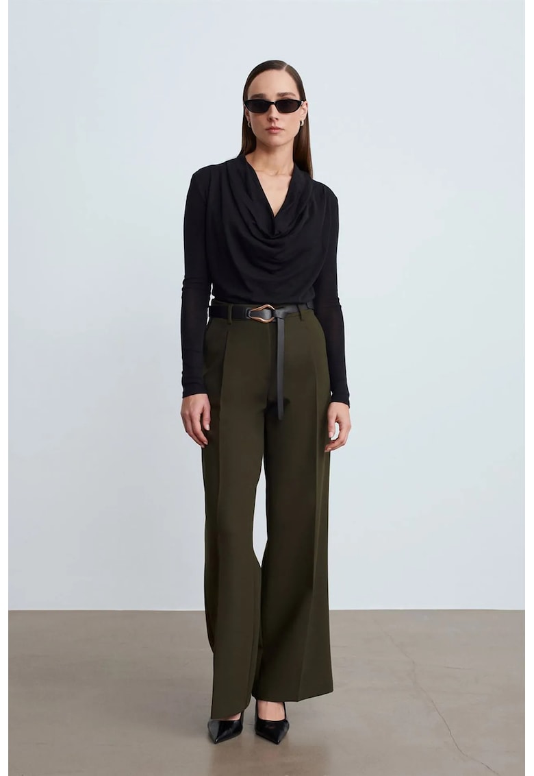 Pantaloni dama - cu talie inalta - cu cordon - verde masliniu - tesatura creponata