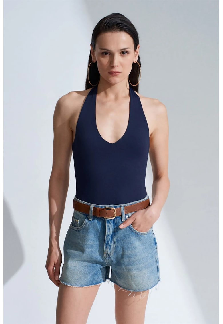 Body slim-fit - decupaj - albastru marin - jerseu subtire de lycra
