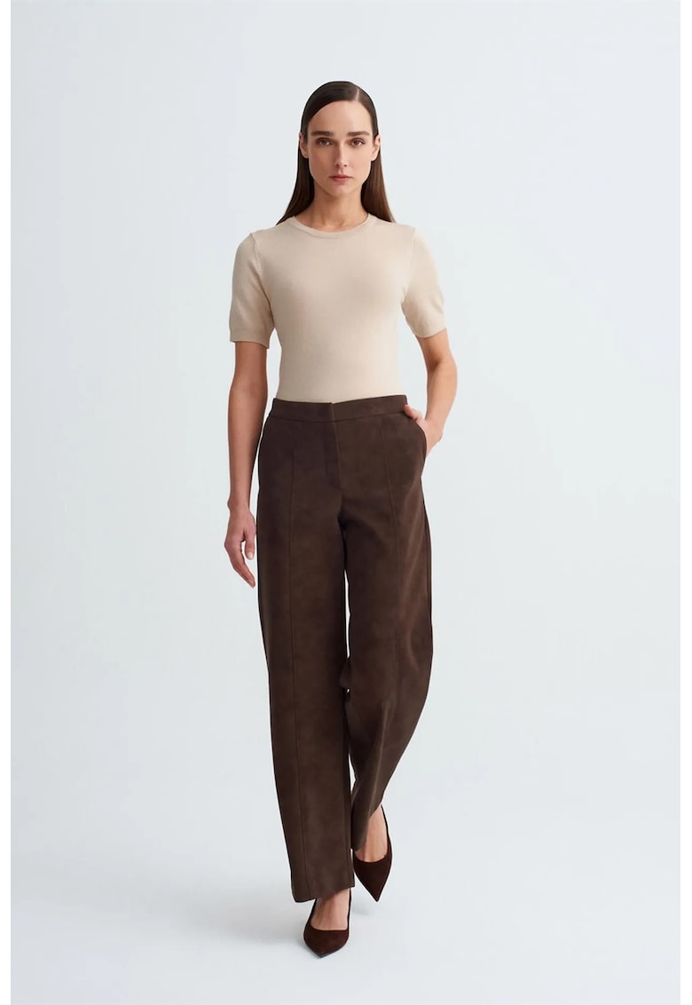 Pantaloni dama - cu talie inalta - croiala larga - maro cafea - imitatie de piele intoarsa