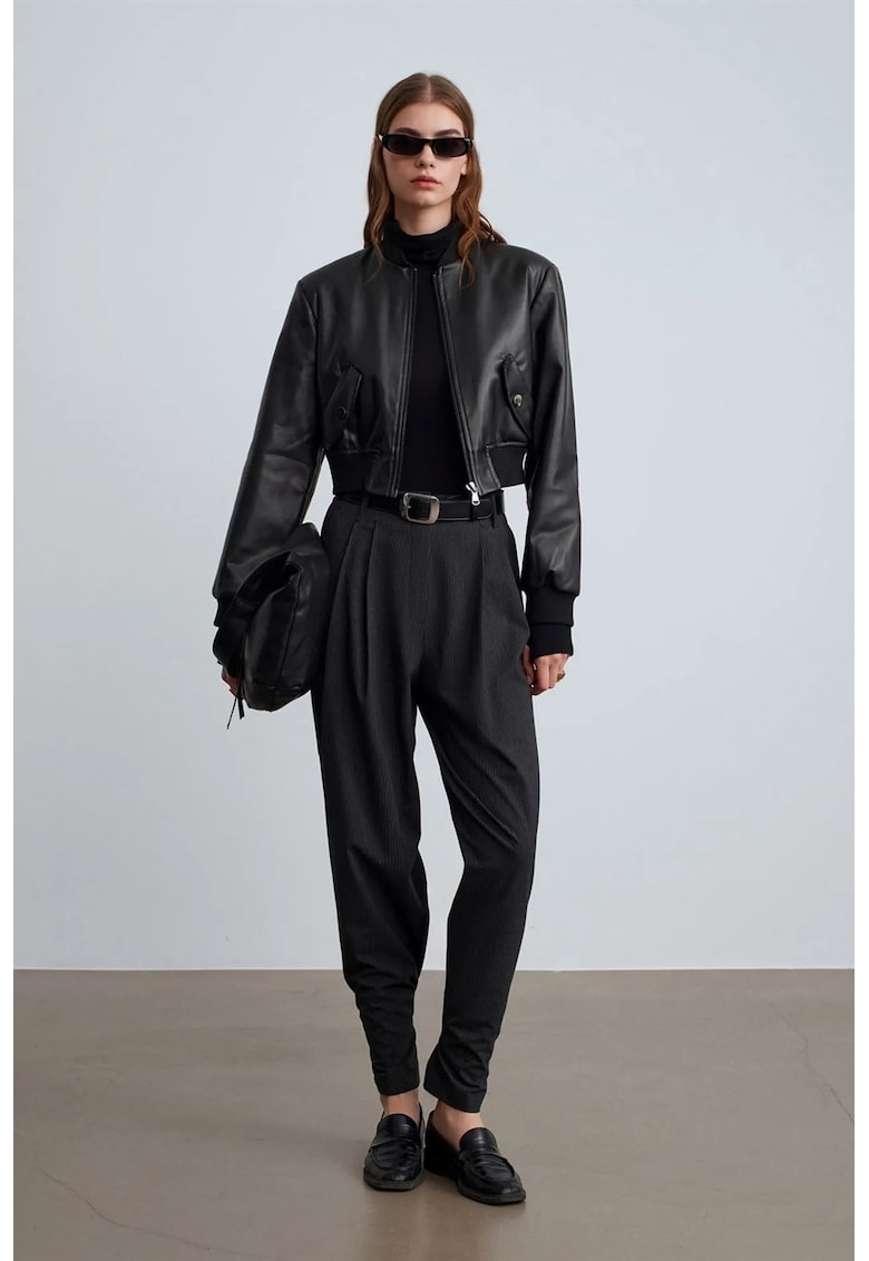 Pantaloni dama - talie inalta - croiala Crepe - negru - poliester-viscoza-elastan