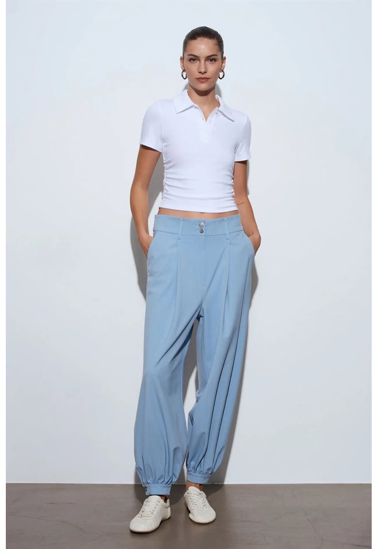 Pantaloni dama - talie inalta - croiala larga - albastru poliester-viscoza-elastan - Albastru deschis