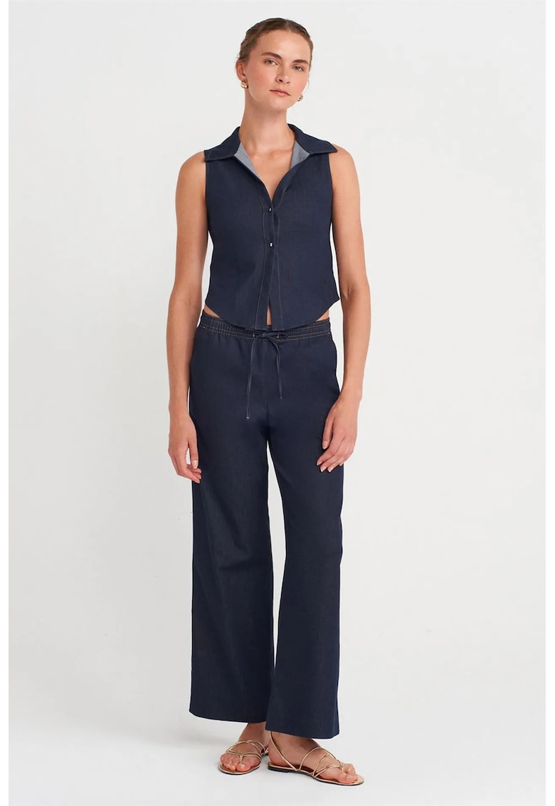 Pantaloni dama - Wide-Leg - snur in talie - Albastru Marin - poliester-viscoza-elastan