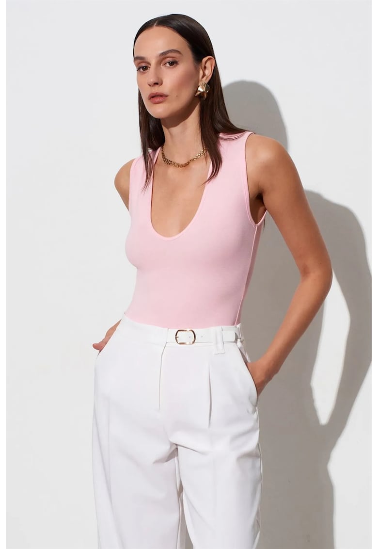 Body slim-fit - decolteu in U - roz pudra - bumbac/modal/elastan
