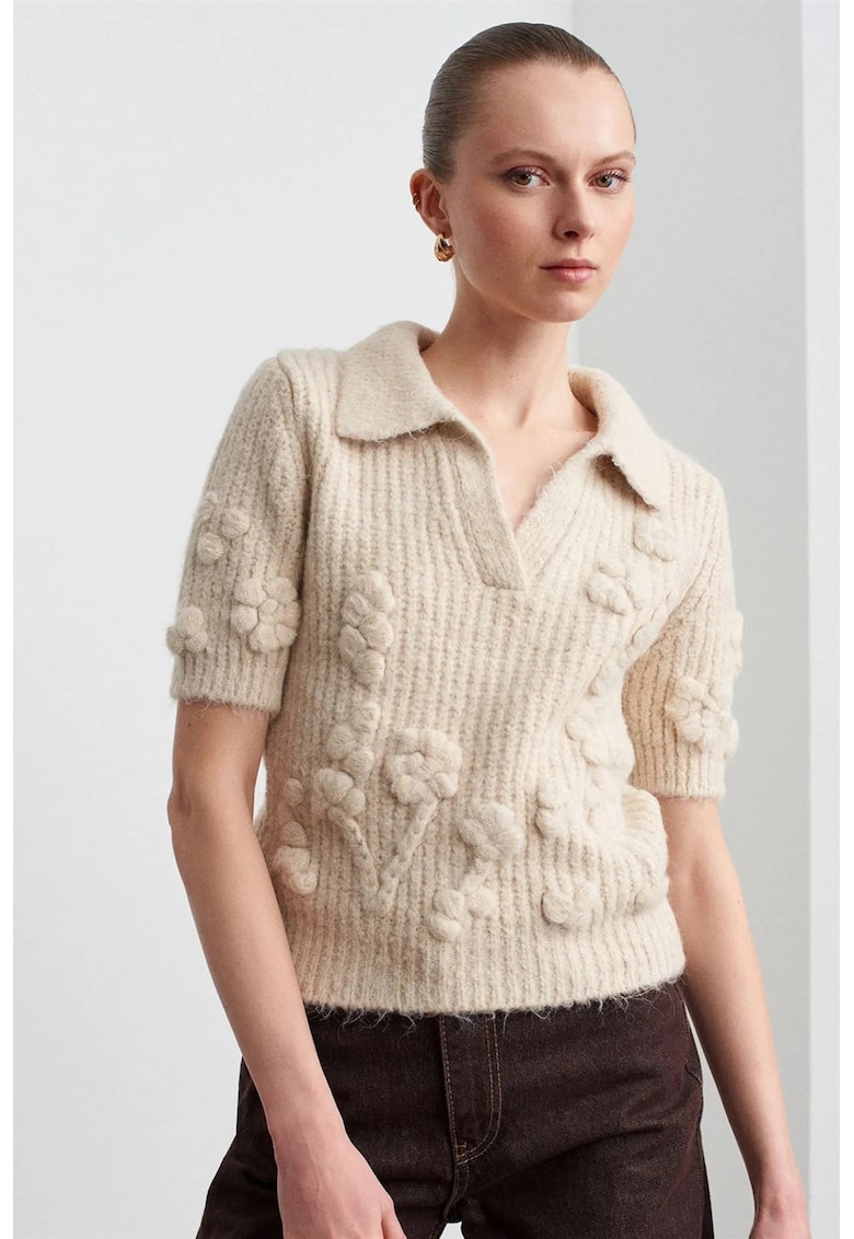 Pulover dama - cu guler polo - texturat - crem natural - acrilic - poliamida - poliester - One Size INTL -