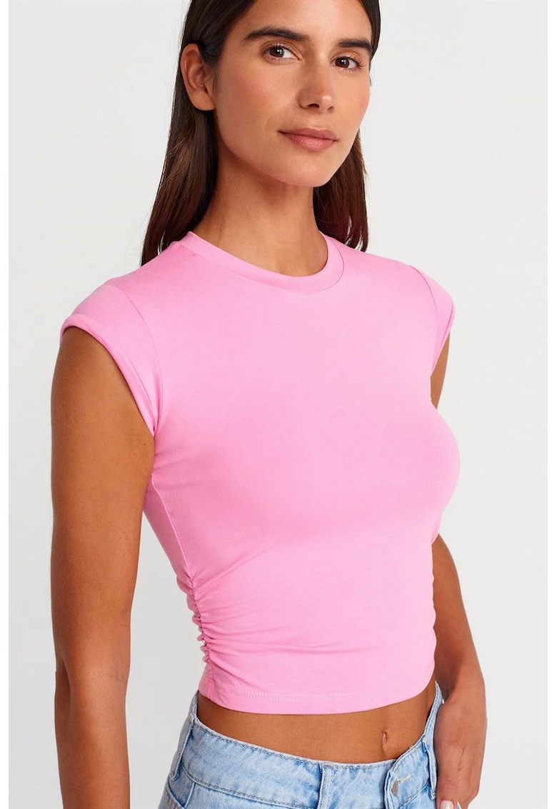 Tricou crop slim fit - roz aprins - bumbac/modal/elastan