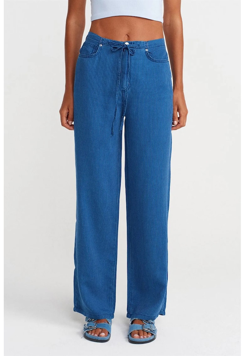 Blugi dama - cu talie medie - croiala larga - dungi - Denim Albastru Mediu - Tencel